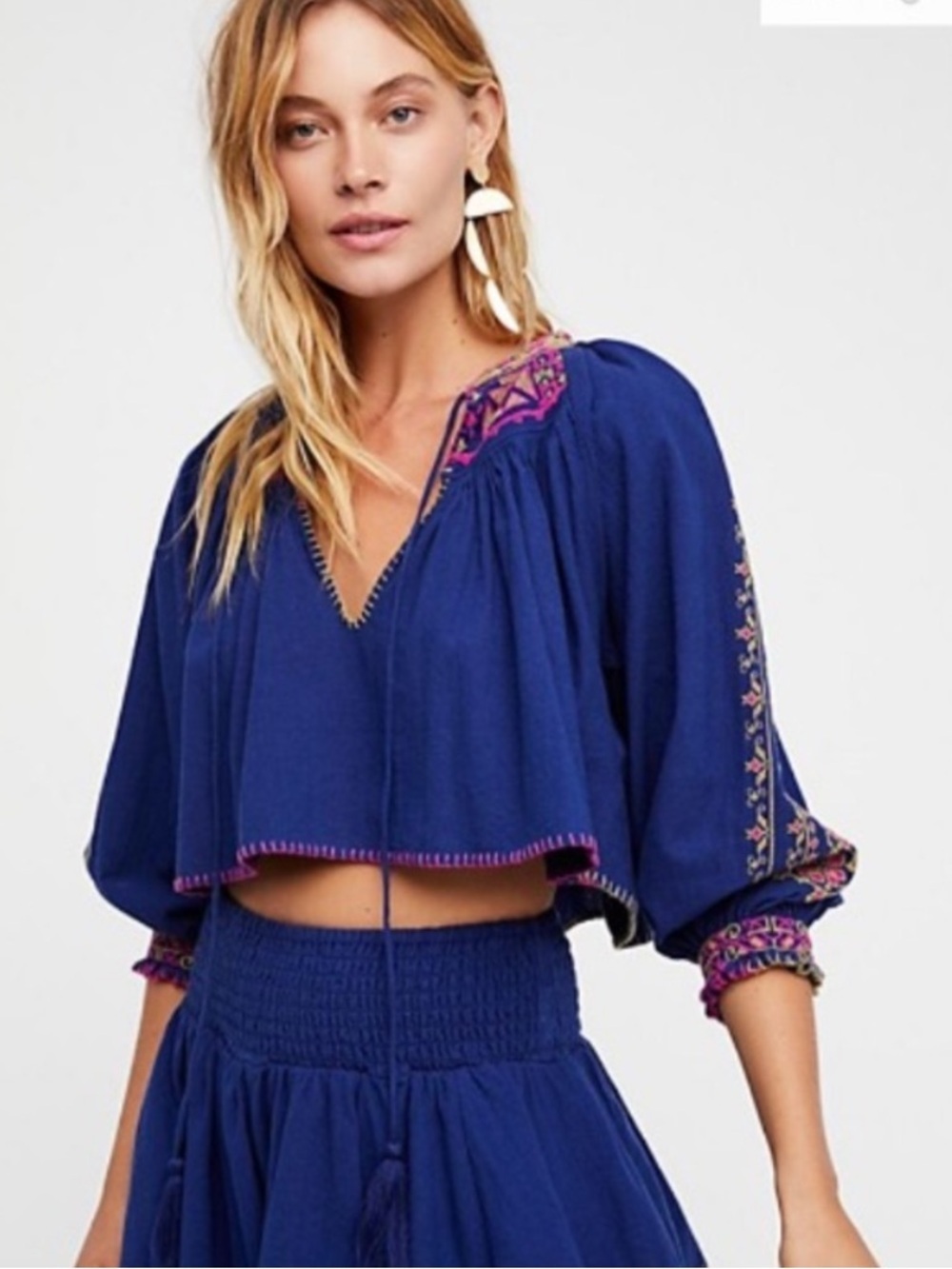 Free People Blue Depths Embroidered crop long sleeve top size small